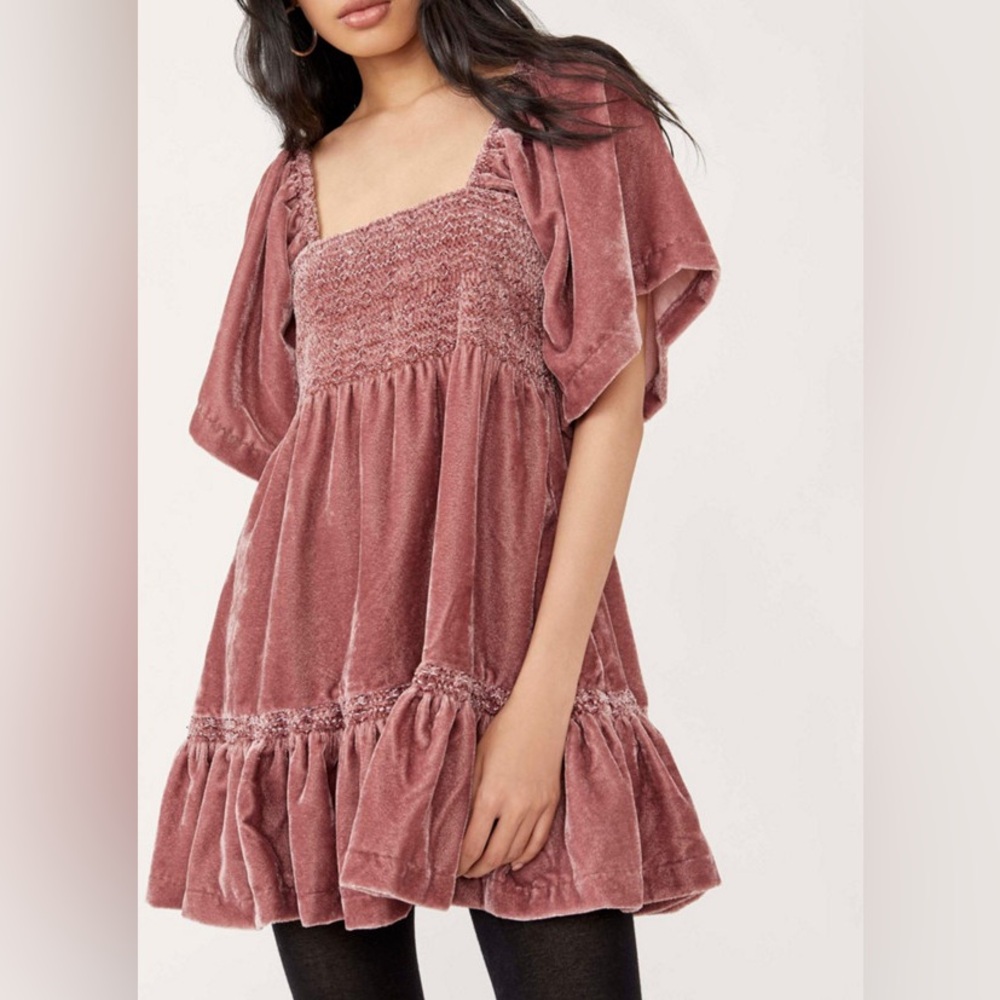 Free People Dusky Rose Velvet Smocked Mini Dress